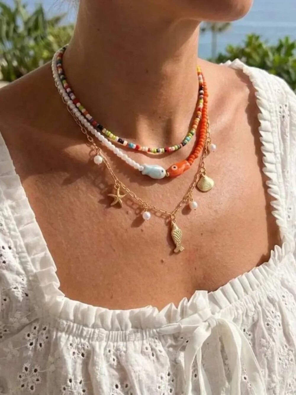 Multi-Color Beaded Fish & Shell Layered Necklace R700 - Picture 2 of 4